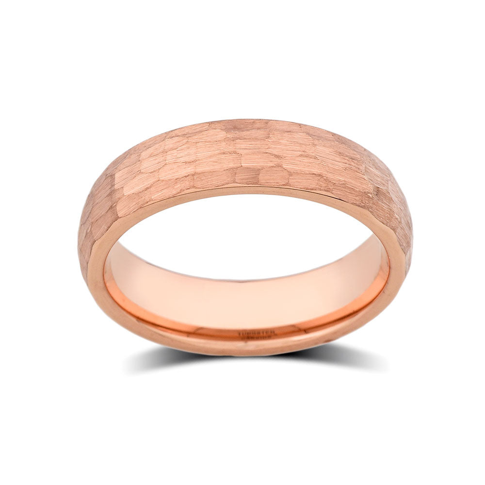 Rose Gold Tungsten Wedding Band - Hammer Finished Engagement Ring - 6mm - Unique Jewelry - LUXURY BANDS LA