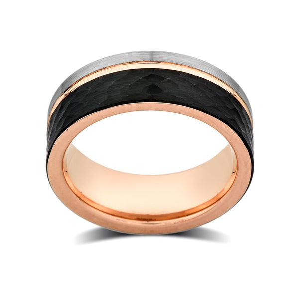 Rose Gold Tungsten Wedding Band - Hammer Finished - Black and Gray Brushed Tungsten Ring - 8mm - Mens Ring