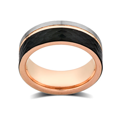 Rose Gold Tungsten Wedding Band - Hammer Finished - Black and Gray Brushed Tungsten Ring - 8mm - Mens Ring