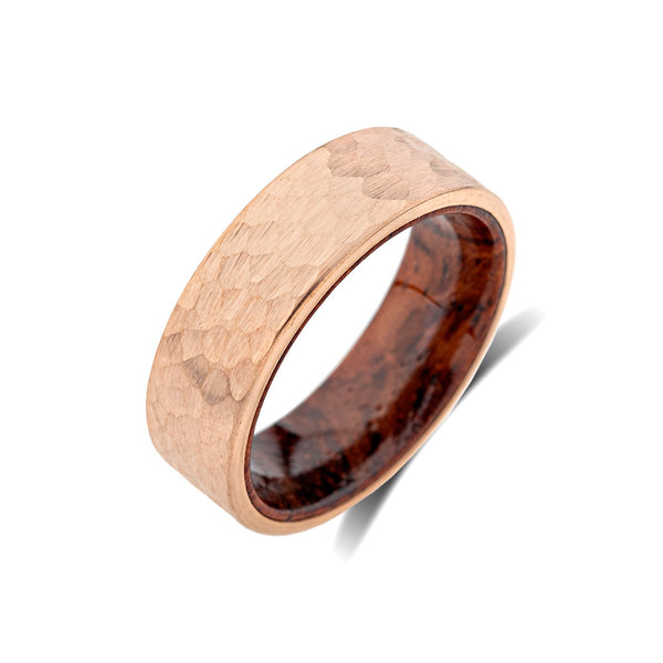 Mens Rose Gold Tungsten Band - Hawiian Koa Wood Ring - Hammer Finish - Satin Brushed