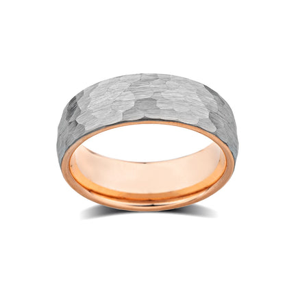 Rose Gold Tungsten Wedding Band - Hammer Finish Gunmetal Gray - Tungsten Carbide - Engagement Band
