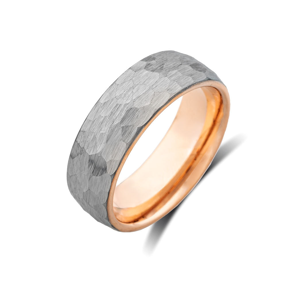 Rose Gold Tungsten Wedding Band - Hammer Finish Gunmetal Gray - Tungsten Carbide - Engagement Band
