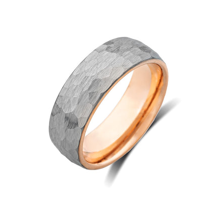 Rose Gold Tungsten Wedding Band - Hammer Finish Gunmetal Gray - Tungsten Carbide - Engagement Band