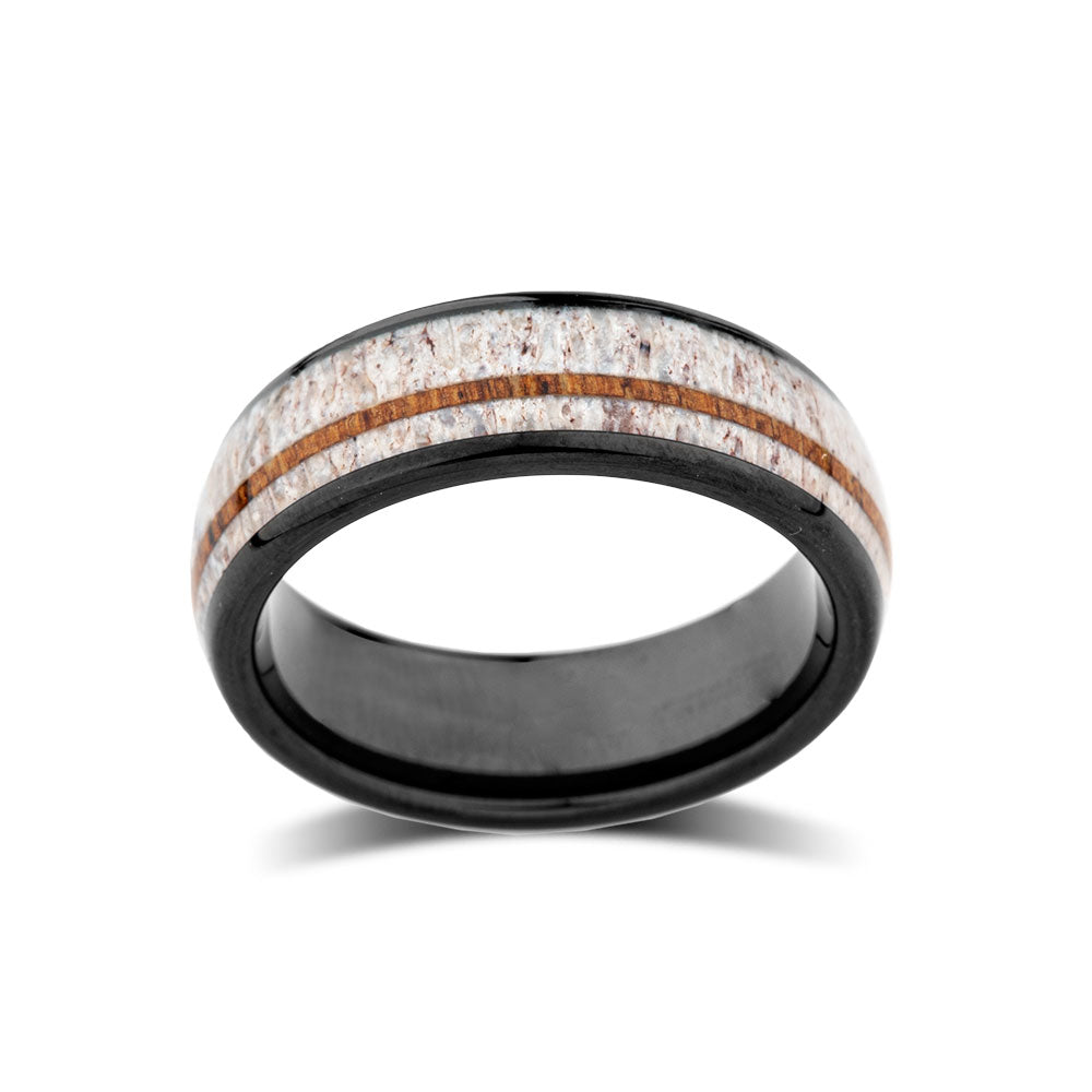 Mens Deer Antler Ring - Koa Wood Tungsten Band - Luxury Wedding Bands - 8mm - LUXURY BANDS LA
