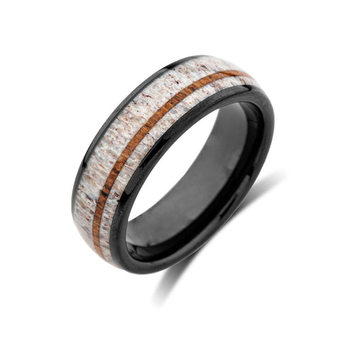 Mens Dear Antler Ring - Koa Wood Tungsten Band - Luxury Wedding Bands - 8mm