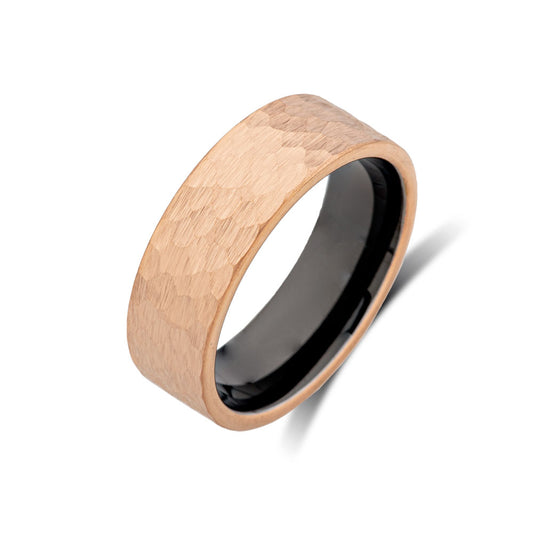 Mens Rose Gold Tungsten Band - Hammer Finish - 8MM - Enagement Ring - Satin Brushed - LUXURY BANDS LA