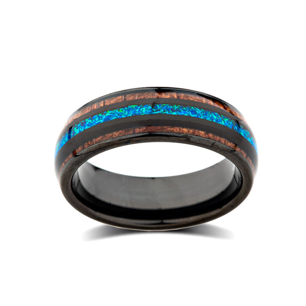 Koa Wood Wedding Ring - Mens Opal Tungsten Engagement Band - 8mm - Comfort Fit