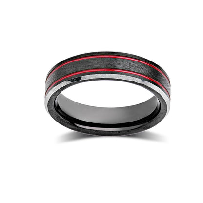 Black Brushed Tungsten Ring - Red Tungsten Wedding Band - 6mm - Mens Ring - LUXURY BANDS LA