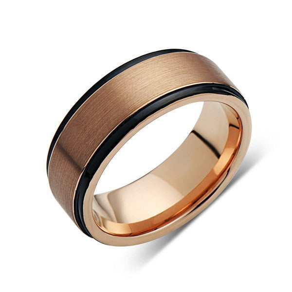 Rose Gold Tungsten Wedding Band - Black Edges - Brushed Rose Gold Tungsten Ring - 6mm - Mens Ring - Tungsten Carbide - Engagement Band - Comfort Fit - LUXURY BANDS LA