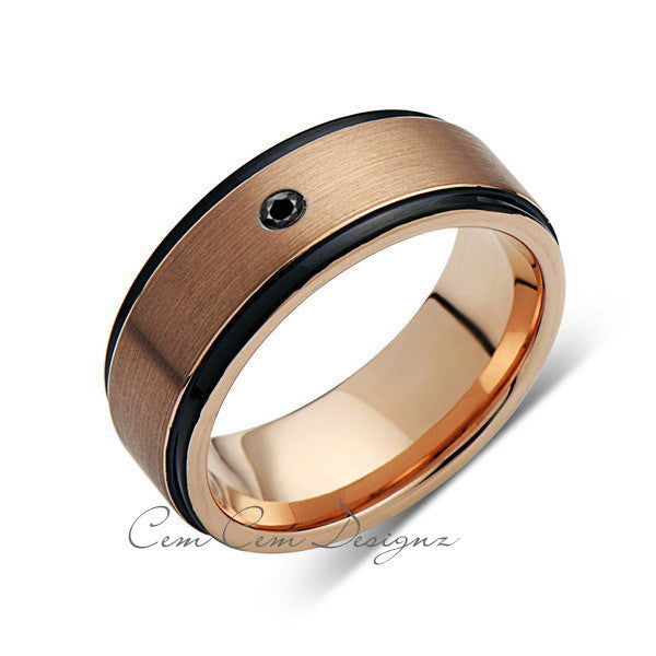 8mm,New,Black Diamond,Rose Brushed,Rose Gold,Black Grooves,Tungsten Ring,Mens Wedding Band,Comfort Fit - LUXURY BANDS LA