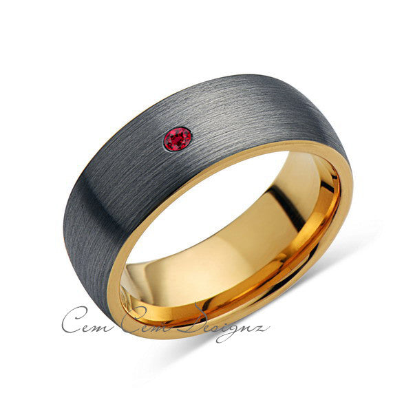 8mm,Mens,Red Ruby,Gray Brushed,Yellow Gold,Tungsten Ring,Yellow Gold,Wedding Band,Comfort Fit - LUXURY BANDS LA