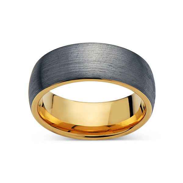 Yellow Gold Wedding Band - Brushed Gray Tungsten Ring - Unique - Dome - Tungsten Wedding Band - LUXURY BANDS LA