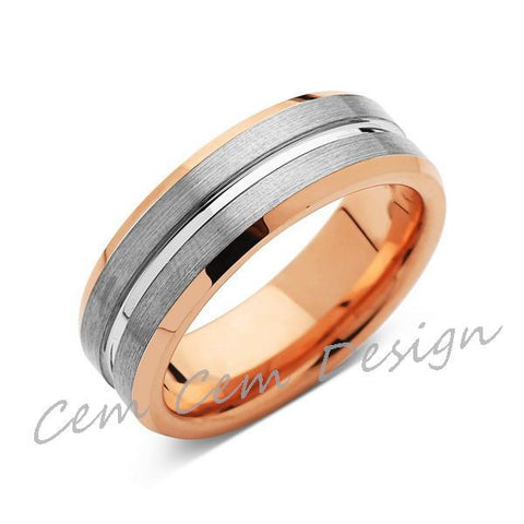 8mm,New,Unique,Rose Gold, Brushed Gray,Tungsten Ring,Mens Wedding Band,Comfort Fit - LUXURY BANDS LA