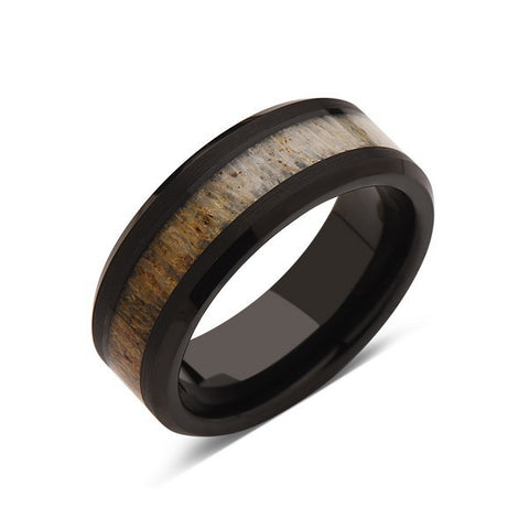 Deer Antler Ring - Black Tungsten Band - Deer Antler Band - 8mm - Mens - Comfort Fit - LUXURY BANDS LA