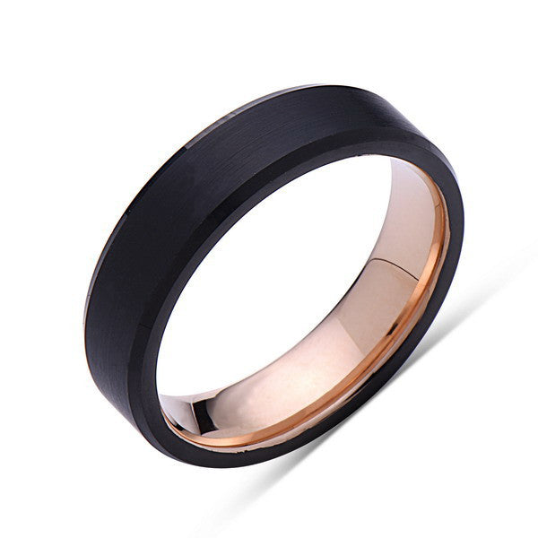 Rose Gold Tungsten Wedding Band - Black Brushed Ring - 6mm Ring - Pipe Cut - Engagement Band - Comfort Fit - LUXURY BANDS LA
