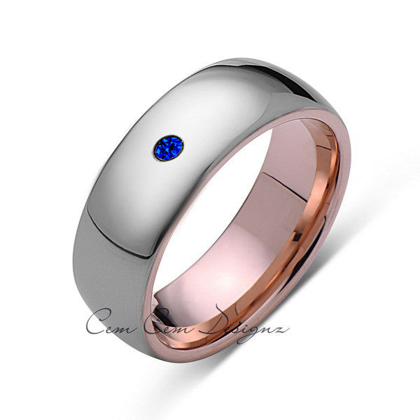 8mm,Mens,Blue Sapphire,Gray ,Rose Gold,Tungsten Ring,Rose Gold,Wedding Band,Comfort Fit - LUXURY BANDS LA