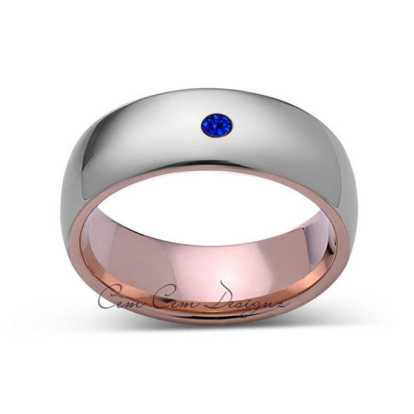 8mm,Mens,Blue Sapphire,Gray ,Rose Gold,Tungsten Ring,Rose Gold,Wedding Band,Comfort Fit - LUXURY BANDS LA