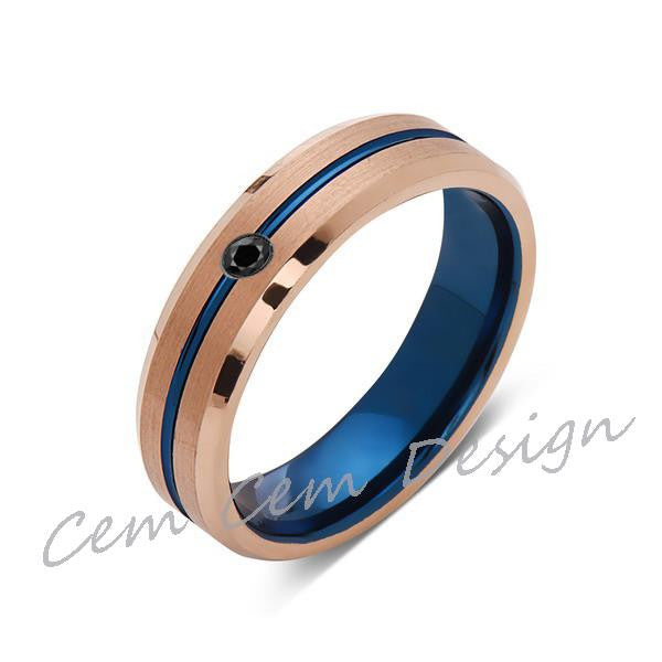 6mm,Black Diamond,Brushed Rose Gold,Blue,Tungsten Ring,Mens Wedding Band,Blue Mens Ring - LUXURY BANDS LA