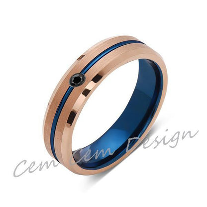 6mm,Black Diamond,Brushed Rose Gold,Blue,Tungsten Ring,Mens Wedding Band,Blue Mens Ring - LUXURY BANDS LA