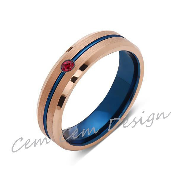 6mm,Red Ruby,Brushed Rose Gold,Blue,Tungsten Ring,Mens Wedding Band,Blue Mens Ring - LUXURY BANDS LA