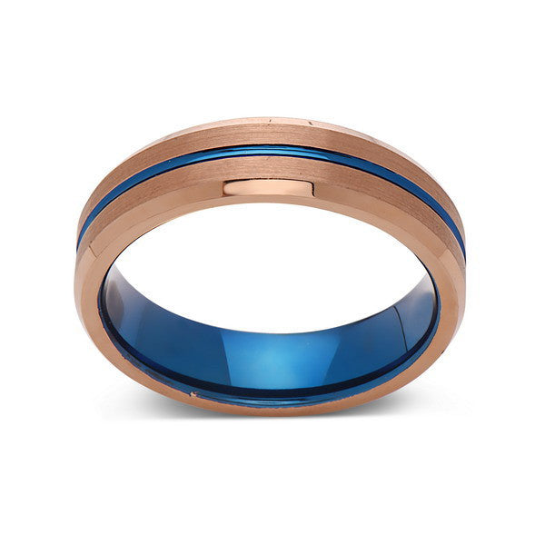 Blue Tungsten Wedding Band - Rose Gold Tungsten Ring - 6mm- Matching Bands - Tungsten Carbide - Engagement Band - Comfort Fit - LUXURY BANDS LA
