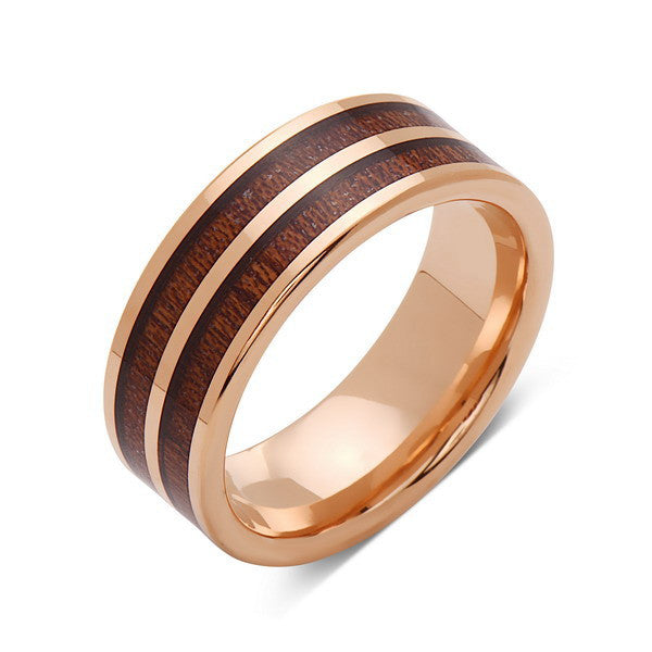 Koa Wood Wedding Ring - Rose Gold Tungsten Band - Hawaiian Koa Wood - 8mm - Mens - Comfort Fit - LUXURY BANDS LA