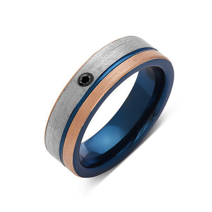 6mm,Black Diamond,Brushed Rose Gold,Gun Metal Gray and Blue,Tungsten Ring,Mens Wedding Band,Blue Mens Ring - LUXURY BANDS LA
