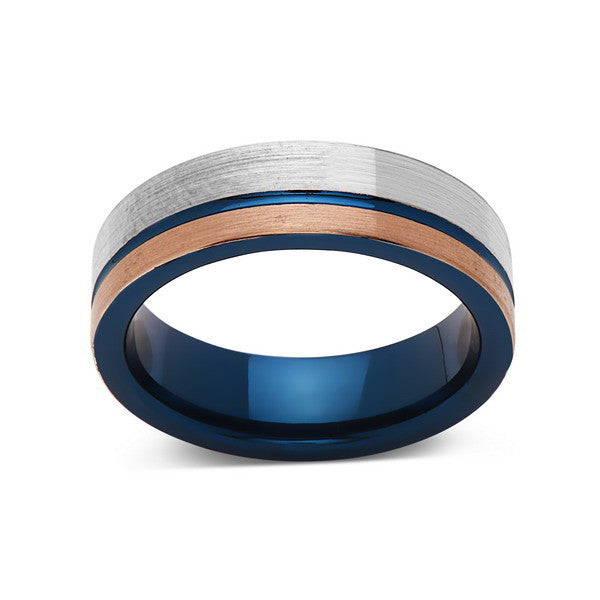 Blue Tungsten Wedding Band - Rose Gold Brushed Tungsten Ring - 6mm - Mens Ring - Tungsten Carbide - Engagement Band - Comfort Fit - LUXURY BANDS LA