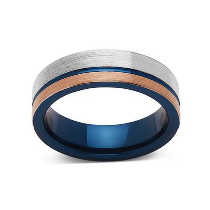 Blue Tungsten Wedding Band - Rose Gold Brushed Tungsten Ring - 6mm - Mens Ring - Tungsten Carbide - Engagement Band - Comfort Fit - LUXURY BANDS LA