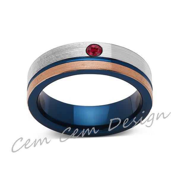 6mm,Red Ruby,Brushed Rose Gold,Gun Metal Gray and Blue,Tungsten Ring,Mens Wedding Band,Blue Mens Ring - LUXURY BANDS LA
