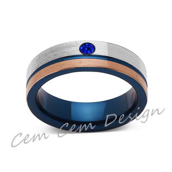6mm,Blue Sapphire,Brushed Rose Gold,Gun Metal Gray and Blue,Tungsten Ring,Mens Wedding Band,Blue Mens Ring - LUXURY BANDS LA