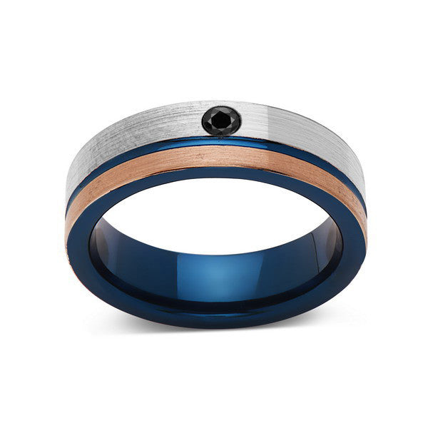 6mm,Black Diamond,Brushed Rose Gold,Gun Metal Gray and Blue,Tungsten Ring,Mens Wedding Band,Blue Mens Ring - LUXURY BANDS LA