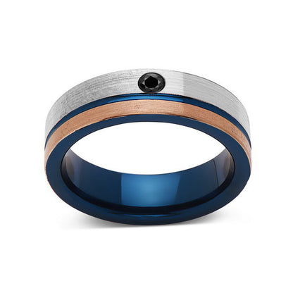 6mm,Black Diamond,Brushed Rose Gold,Gun Metal Gray and Blue,Tungsten Ring,Mens Wedding Band,Blue Mens Ring - LUXURY BANDS LA