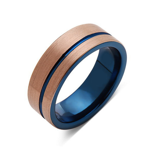 Blue Tungsten Wedding Band - Rose Gold Brushed Tungsten Ring - 8mm - Mens Ring - Tungsten Carbide - Engagement Band - Comfort Fit - LUXURY BANDS LA