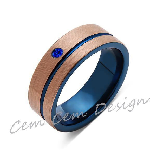 8mm,Blue Sapphire,Brushed Rose Gold and Blue,Tungsten Ring,Mens Wedding Band,Blue Mens Ring,Comfort Fit - LUXURY BANDS LA
