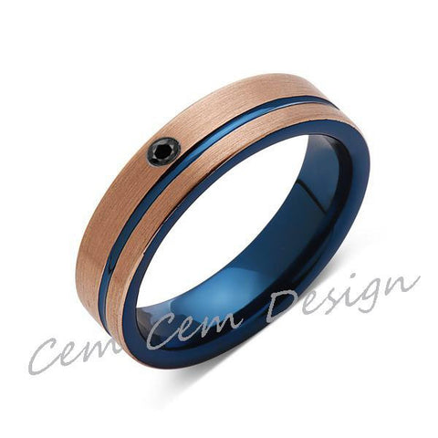 6mm,Black Diamond,Brushed Rose Gold and Blue,Tungsten Ring,Mens Wedding Band,Blue Mens Ring,Comfort Fit - LUXURY BANDS LA