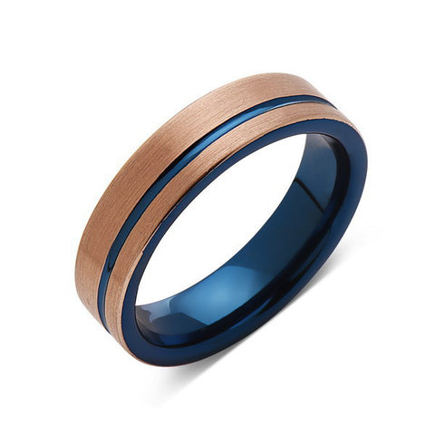 Blue Tungsten Wedding Band - Rose Gold Tungsten Ring - 6mm- Mens Ring - Tungsten Carbide - Engagement Band - Comfort Fit - LUXURY BANDS LA