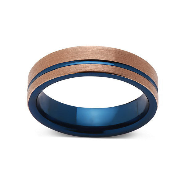 Blue Tungsten Wedding Band - Rose Gold Tungsten Ring - 6mm- Mens Ring - Tungsten Carbide - Engagement Band - Comfort Fit - LUXURY BANDS LA