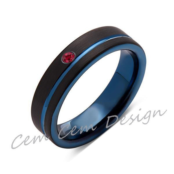 6mm,New,Red Ruby,Black Brushed, Blue Groove,Tungsten Ring,Mens Wedding Band,Blue Ring,Comfort Fit - LUXURY BANDS LA