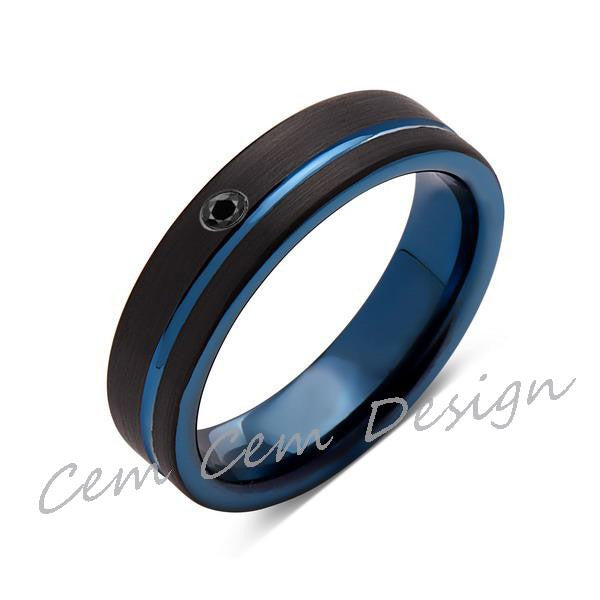 6mm,New,Black Diamond,Black Brushed, Blue Groove,Tungsten Ring,Mens Wedding Band,Blue Ring,Comfort Fit - LUXURY BANDS LA