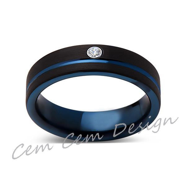 6mm,New,Diamond,Black Brushed, Blue Groove,Tungsten Ring,Mens Wedding Band,Blue Ring,Comfort Fit - LUXURY BANDS LA