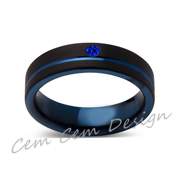 6mm,New,Blue Sapphire,Black Brushed, Blue Groove,Tungsten Ring,Mens Wedding Band,Blue Ring,Comfort Fit - LUXURY BANDS LA