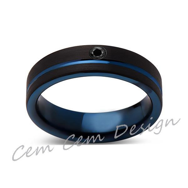 6mm,New,Black Diamond,Black Brushed, Blue Groove,Tungsten Ring,Mens Wedding Band,Blue Ring,Comfort Fit - LUXURY BANDS LA