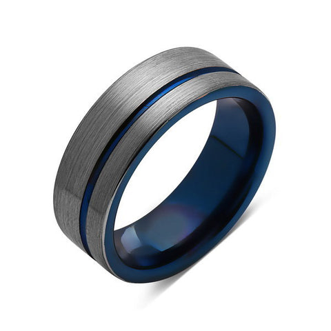 Blue Tungsten Wedding Band - Gray Brushed Tungsten Ring - 8mm - Mens Ring - Tungsten Carbide - Engagement Band - Comfort Fit - LUXURY BANDS LA