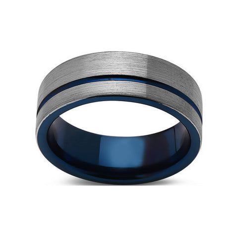 Blue Tungsten Wedding Band - Gray Brushed Tungsten Ring - 8mm - Mens Ring - Tungsten Carbide - Engagement Band - Comfort Fit - LUXURY BANDS LA