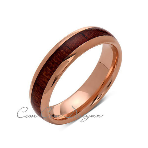 Koa Wood Wedding Ring - Dome Rose Gold Tungsten Band - Hawaiian Koa Wood - 6mm - Mens - Comfort Fit - LUXURY BANDS LA