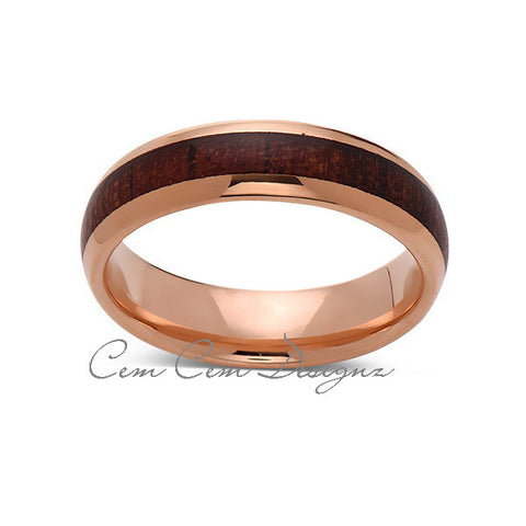 Koa Wood Wedding Ring - Dome Rose Gold Tungsten Band - Hawaiian Koa Wood - 6mm - Mens - Comfort Fit - LUXURY BANDS LA