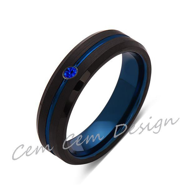 6mm,New,Blue Sapphire,Black Brushed, Blue Groove,Tungsten Ring,Mens Wedding Band,Blue Ring,Comfort Fit - LUXURY BANDS LA
