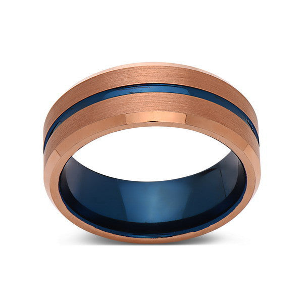 Blue Tungsten Wedding Band - Rose Gold Tungsten Ring - 8mm- Mens Ring - Tungsten Carbide - Engagement Band - Comfort Fit - LUXURY BANDS LA