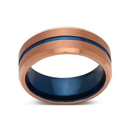 Blue Tungsten Wedding Band - Rose Gold Tungsten Ring - 8mm- Mens Ring - Tungsten Carbide - Engagement Band - Comfort Fit - LUXURY BANDS LA